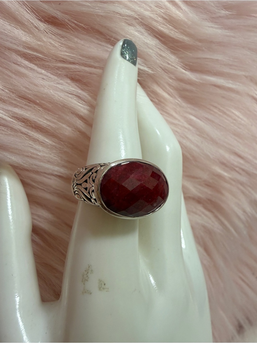 BJC Sterling Silver Faceted Red/ Pink Oval Statement Ring